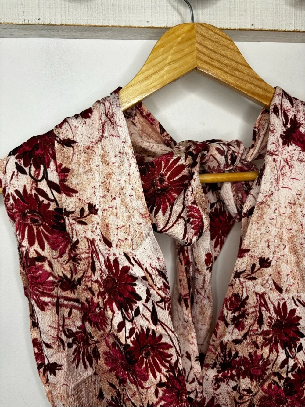 Free People There She Goes Floral Plunge Halter Top in Blush and Burgundy